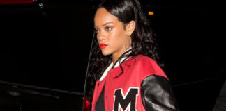Rihanna giacca Moschino pantaloni CitizensOfHumanity scarpe Converse borsa MiuMiu