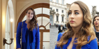 Carlotta Ferlito abito giacca Federica Pittaluga scarpe Diesel pochette Prada