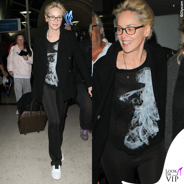 Sharon Stone tshirt Haute Hippie sneakers Pierre Hardy borsa Gucci valigia Louis Vuitton