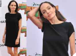 Angelina Jolie abito e pump Saint Laurent orecchini EF Collection bracciale Nigaam