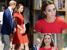 Kate Middleton abito e clutch LK Bennett pump Gianvito Rossi orecchini Kiki McDonough