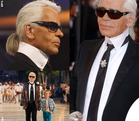 Karl Lagerfeld occhiali colletto gioielli guanti Hudson Kroenig