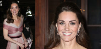 Kate Middleton abito Gucci pump Oscar de la Renta clutch Prada orecchini Kiki McDonough