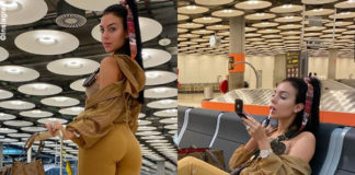 Georgina Rodriguez in aeroporto con leborse Louis Vuitton, outfit Alo Yoga e sneakers Nike