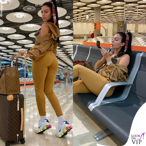 Georgina Rodriguez in aeroporto con leborse Louis Vuitton, outfit Alo Yoga e sneakers Nike