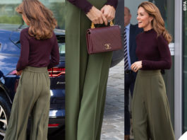 Look autunnale per Kate Middleton, a Londra con pantaloni Jigsaw, maglione Warehouse, scarpe Tods, borsa Chanel e orecchini Asprey