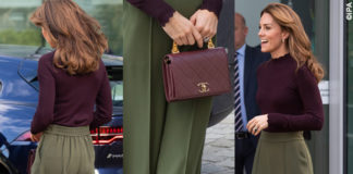 Look autunnale per Kate Middleton, a Londra con pantaloni Jigsaw, maglione Warehouse, scarpe Tods, borsa Chanel e orecchini Asprey
