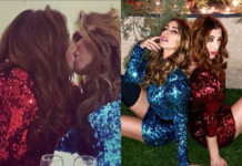 Margherita Zanatta e Guendalina Canessa con abiti Lara Roggi Atelier si danno un bacio lesbo