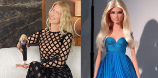 Claudia Schiffer Barbie abito Balmain Versace