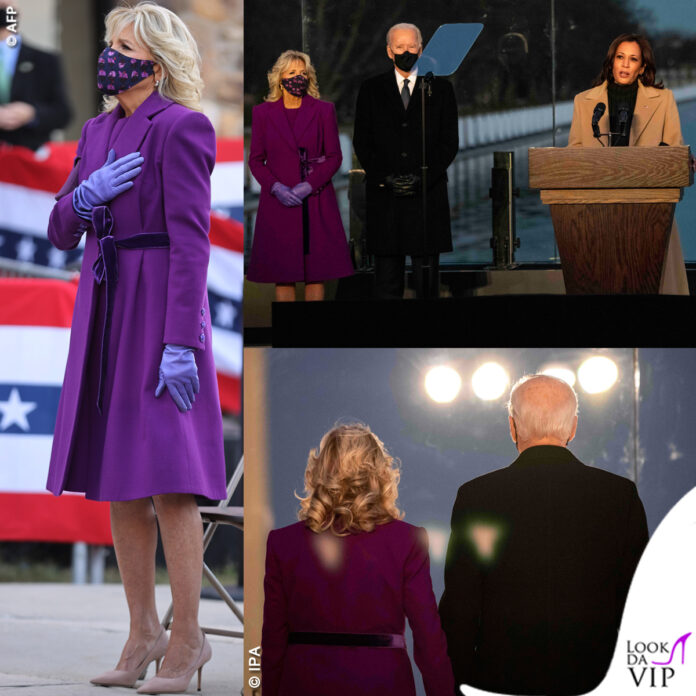 Jill Biden total purple look Jonathan Cohen Joe Biden Kamala Harris cappotto Pyer Moss