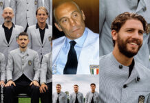 Nazionale Italiana di Calcio agli Europei 2021 con la divisa formale firmata Giorgio Armani, Enzo Bearzot allenatore degli Azzurri 1982