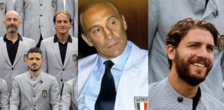 Nazionale Italiana di Calcio agli Europei 2021 con la divisa formale firmata Giorgio Armani, Enzo Bearzot allenatore degli Azzurri 1982
