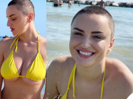 Arisa nuovo look taglio rasato bikini giallo