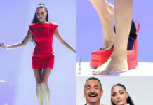 Elodie monologo Le Iene vestito scarpe rosse Versace Nicola Savino
