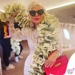 lady gaga sul jet privato con la borsa costosa e il boa fatto di dollari