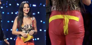 Kate Perry wardrobe malfunction American Idol pantaloni Drome top Just Cavalli scotch giallo
