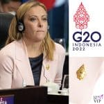 Giorgia Meloni G20 Bali giacca rosa spilla 
