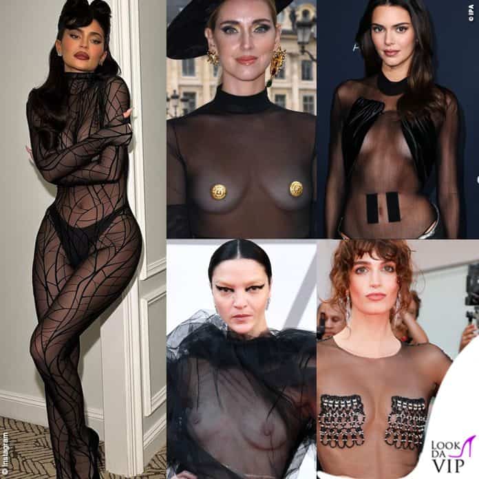 Kylie Jenner Chiara Ferragni Mariacarla Boscono Kendall Jenner Greta Ferro abito nero trasparente