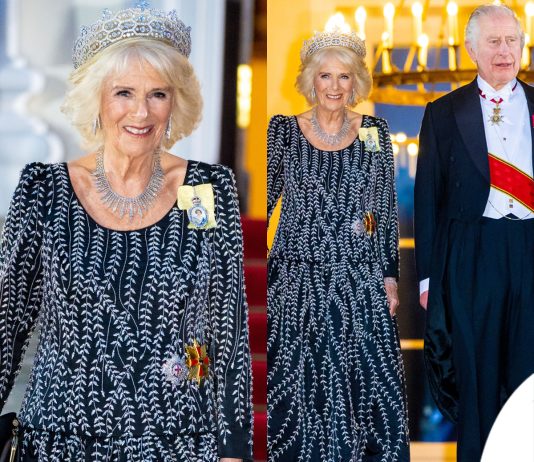 La regina Camilla con un abito di Bruce Oldfield al banchetto in Germania