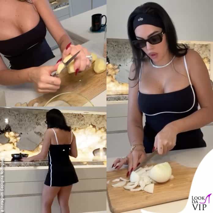 Georgina Rodriguez cucina la frittata di patate con gli occhiali da sole Chanel